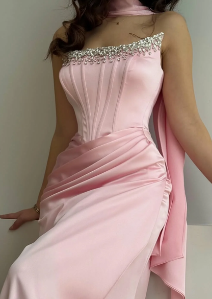 Sweety Pink Sheath Strapless Beaded Satin Prom Dress Wedding Guest Dress SH5419