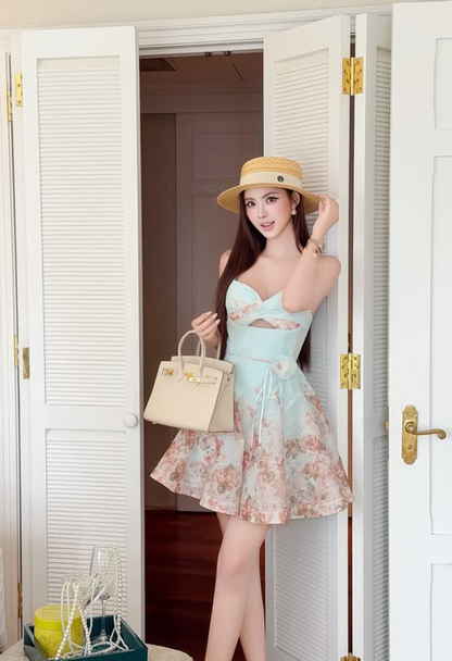 Summer Blue A Line Straps Print Floral Satin Cocktail Dress Homecoming Dress SH6165