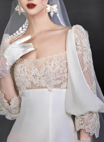 Vintage A Line Long Sleeve White Beaded Satin Long Wedding Dress SH5038