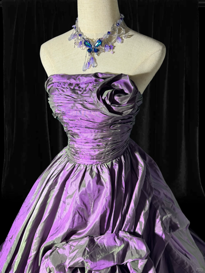 Vintage Ball Gown Strapless Floral Dark Purple Satin Prom Dress Graduation Prom Dress SH5493