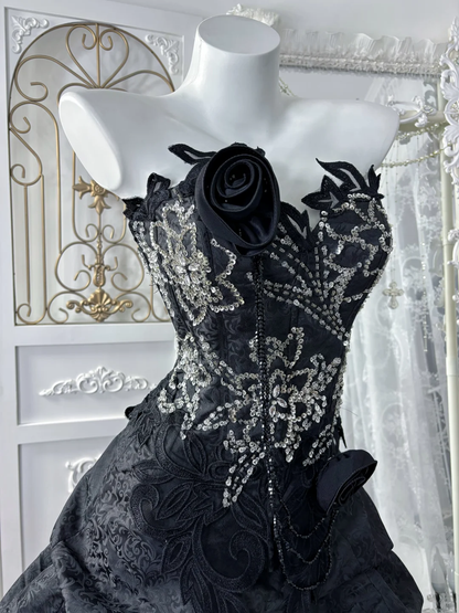 Vintage Black A Line Strapless Shiny Beaded Pleated Satin Prom Dress Sweet 16 Dress SH5982