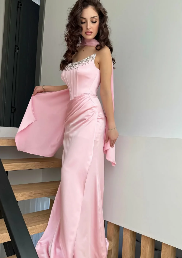 Sweety Pink Sheath Strapless Beaded Satin Prom Dress Wedding Guest Dress SH5419