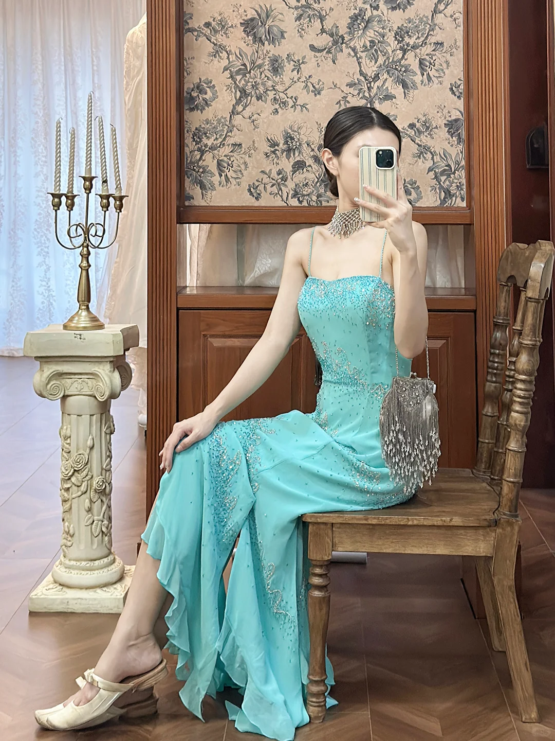 Vintage Blue Sheath Spaghetti Straps Beaded Chiffon Long Prom Dress SH5207