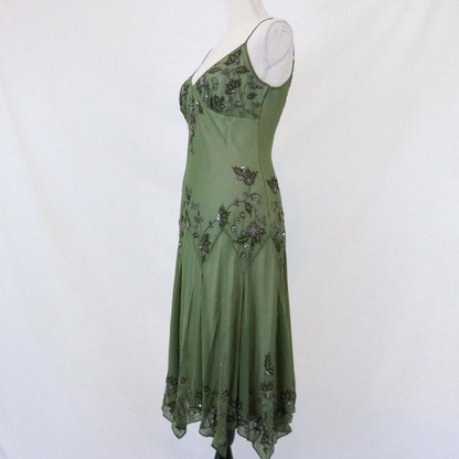 Vintage Green Spaghetti Straps Beaded Chiffon Tea Length Prom Dress SH1017
