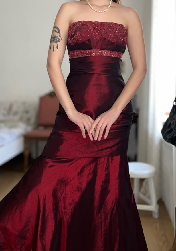 Vintage Burgundy Mermaid Strapless Beaded Satin Prom Dress Evening Dress Date Dress SH5639