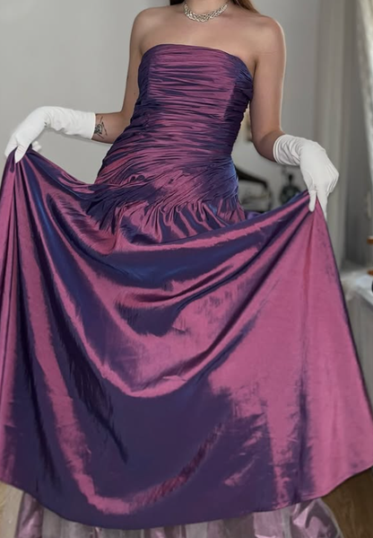 Vintage A Line Strapless Pleated Purple Satin Prom Dress Evening Dress SH6071