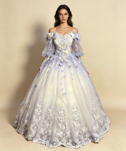 Gorgeous Off Shoulder A-Line Ombre Appliques Evening Gowns Birthday Ball Gowns, D1151