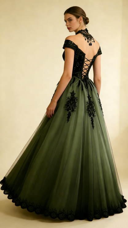 Green Gothic A-Line Tulle Off Shoulder Long Formal Prom Dress MD7173
