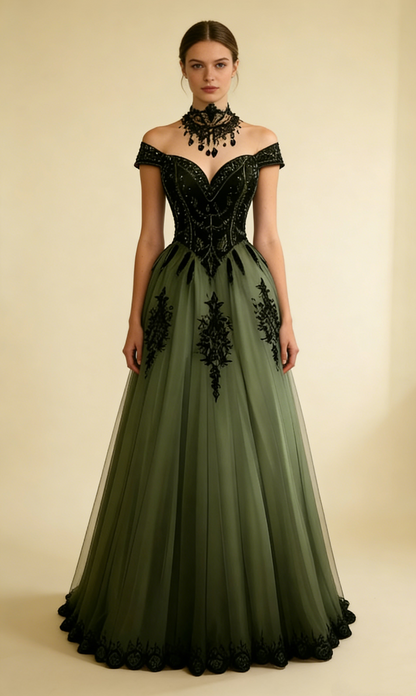 Green Gothic A-Line Tulle Off Shoulder Long Formal Prom Dress MD7173