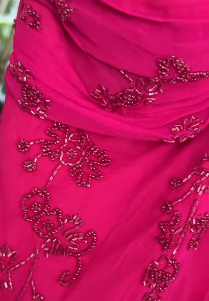 Vintage Charming Hot Pink Beaded Chiffon Long Prom Dress Party Dress SH4884