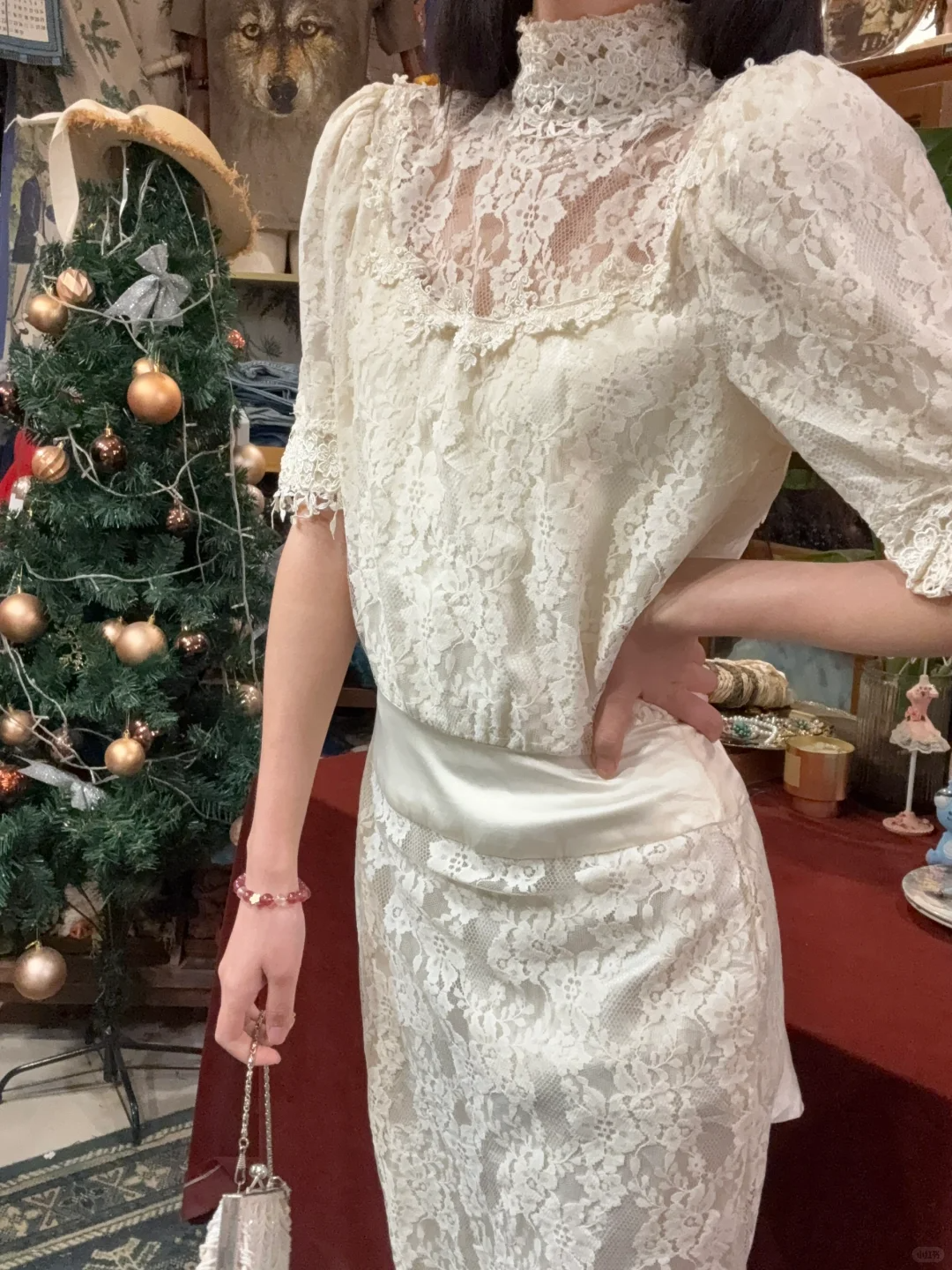 Vintage A Line High Neck White Lace Prom Dress Wedding Dress SH5562