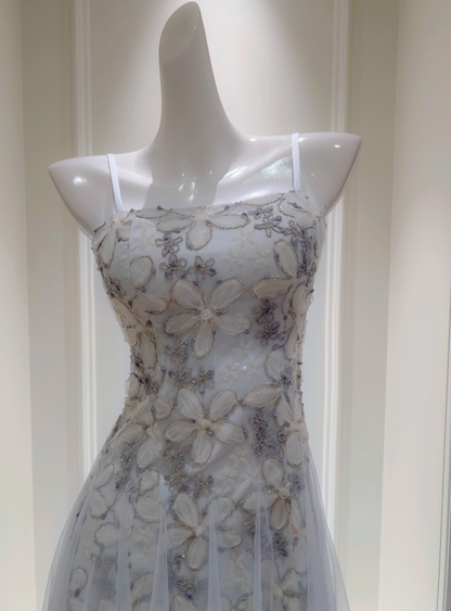 Stunning A Line Spaghetti Strap Floral Blue Tulle Prom Dress Wedding Guest Dress SH4505