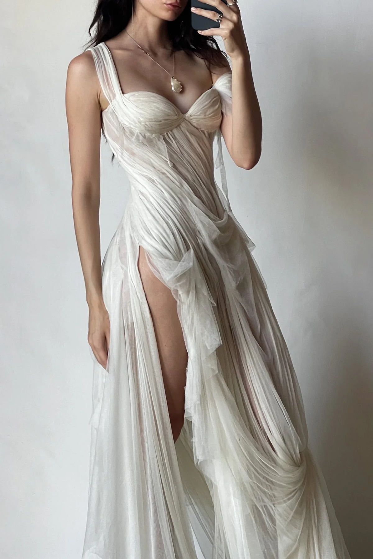 Stunning A Line Straps White Chiffon Prom Dress Evening Dress with Slit SH2259