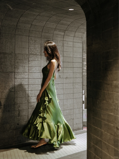 Unique Green A Line Spaghetti Strap Satin Prom Dress Evening Dress SH4208