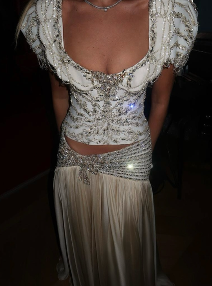 Two Piece Shiny A Line Puff Sleeve Beaded Satin Long Prom Dress Date Dress SH5558