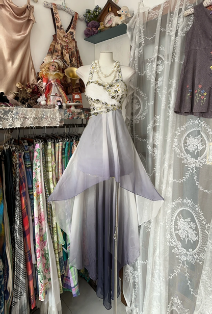 Unique Vintage A Line Halter Beaded Ombre Chiffon Long Prom Dress SH5259