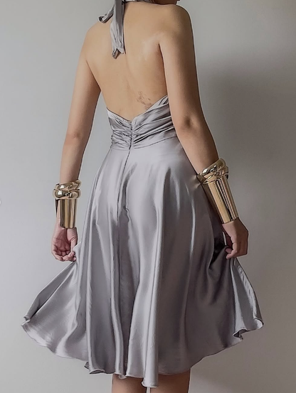 Vintage A Line Halter Satin Open Back Short Homecoming Dress Evening Dress SH1972