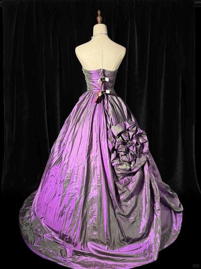 Vintage Ball Gown Strapless Floral Dark Purple Satin Prom Dress Graduation Prom Dress SH5493