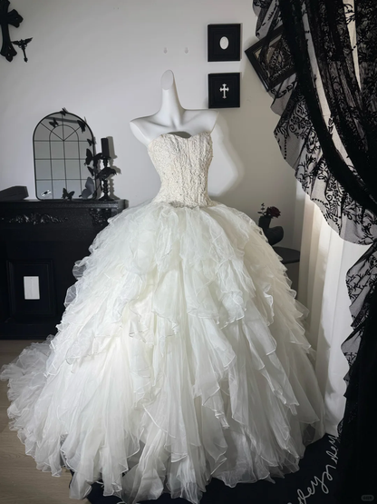 Vintage A Line Sweetheart White Lace Organza Prom Dress Evening Dress SH5609