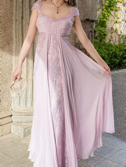 Vintage Gentle Light Lilac A Line Exquisite Beaded Chiffon Prom Dress Wedding Guest Dress SH5437