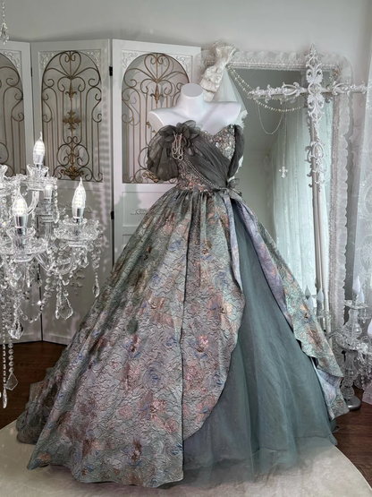 Vintage Grey Print Floral Ball Gown Beaded Satin Tulle Prom Dress Sweet 16 Dress SH5986
