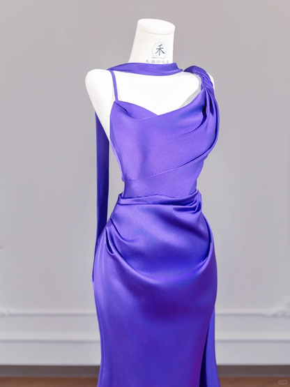 Stunning Purple Mermaid Spaghetti Strap Satin Long Prom Dress Party Dress SH4361