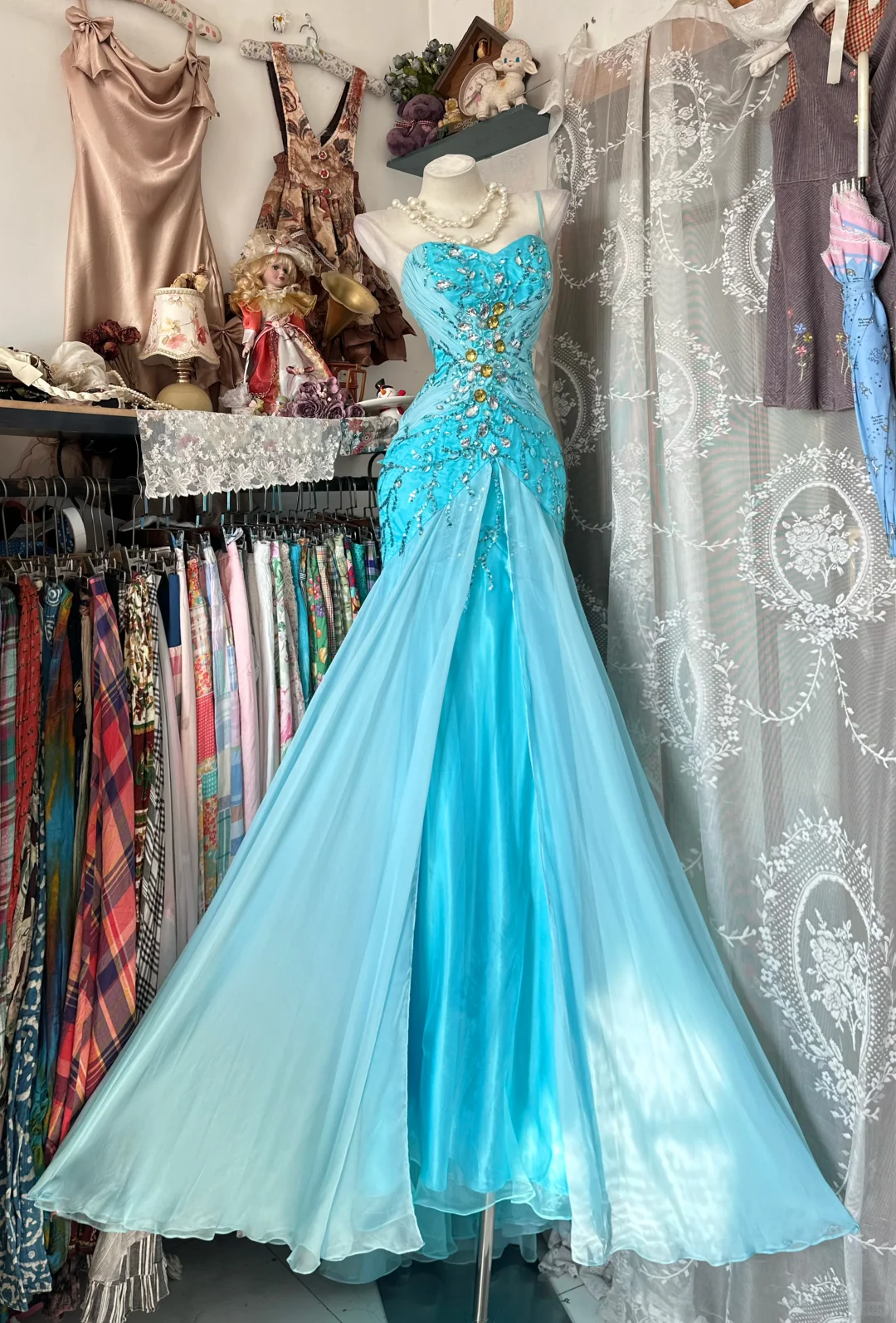 Vintage Blue Mermaid Sweetheart Neck Beaded Chiffon Satin Long Prom Dress SH5242