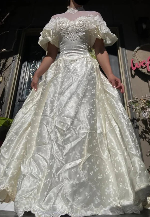 Vintage Ivory A Line Puff Sleeve Lace Print Floral Satin Wedding Dress Prom Dress SH5936