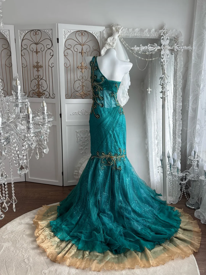 Vintage Blue Mermaid One Shoulder Beaded Tulle Prom Dress Sweet 16 Dress SH5792