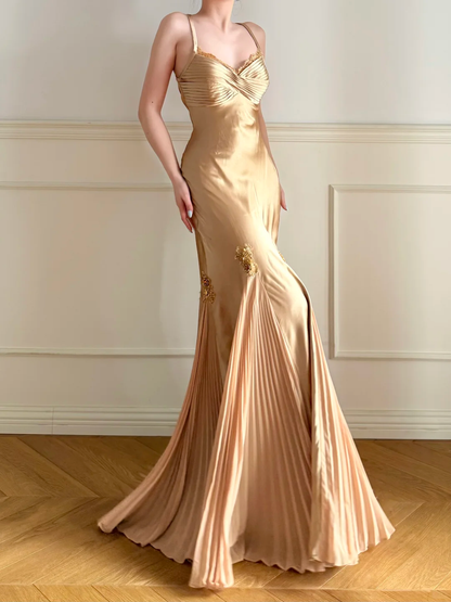 Vintage Elegant Mermaid Straps Beaded Gold Chiffon Satin Wedding Guest Dress Prom Dress SH5440