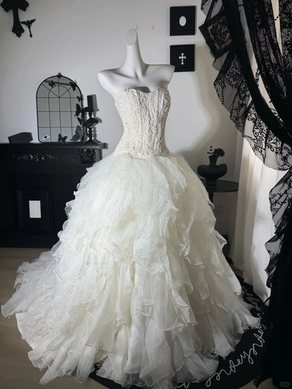 Vintage A Line Sweetheart White Lace Organza Prom Dress Evening Dress SH5609