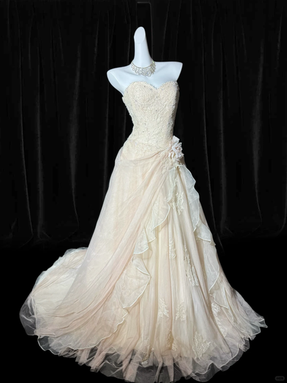 Vintage A Line Sweetheart Neck Apricot Lace Tulle Prom Dress Evening Dress SH5608