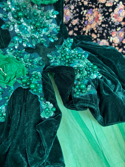 Vintage Green Ball Gown Beaded Velvet Tulle Prom Dress Sweet 16 Dress SH5794