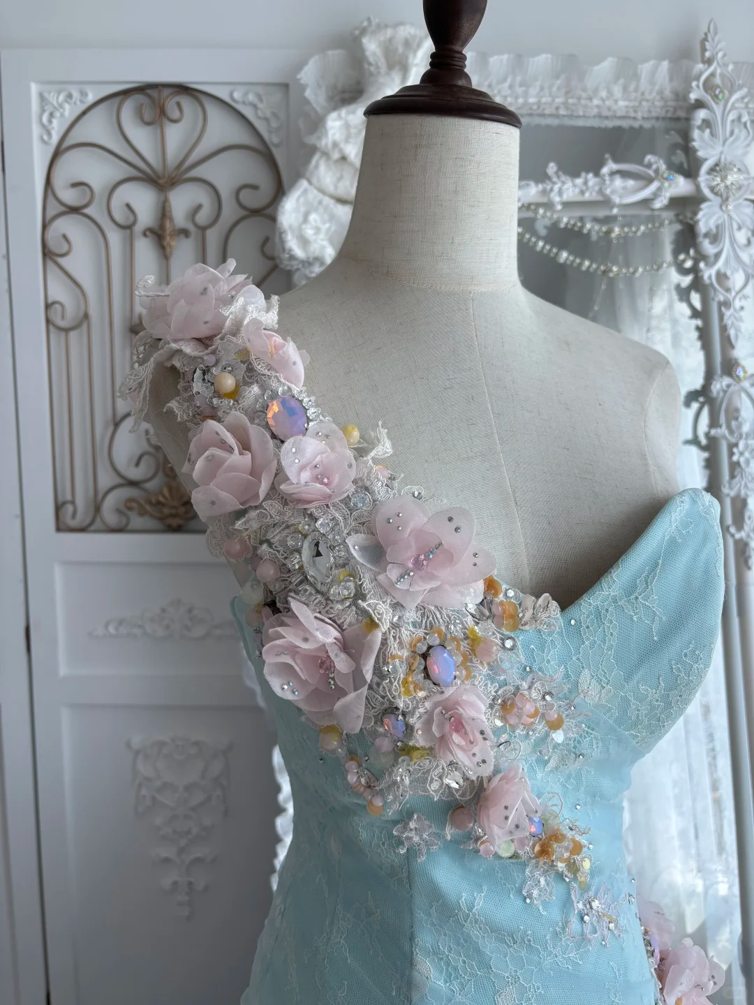 Vintage Blue-Pink Ball Gown One Shoulder 3D Floral Tulle Prom Dress Sweet 16 Dress SH5788