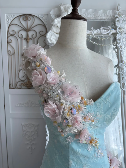 Vintage Blue-Pink Ball Gown One Shoulder 3D Floral Tulle Prom Dress Sweet 16 Dress SH5788