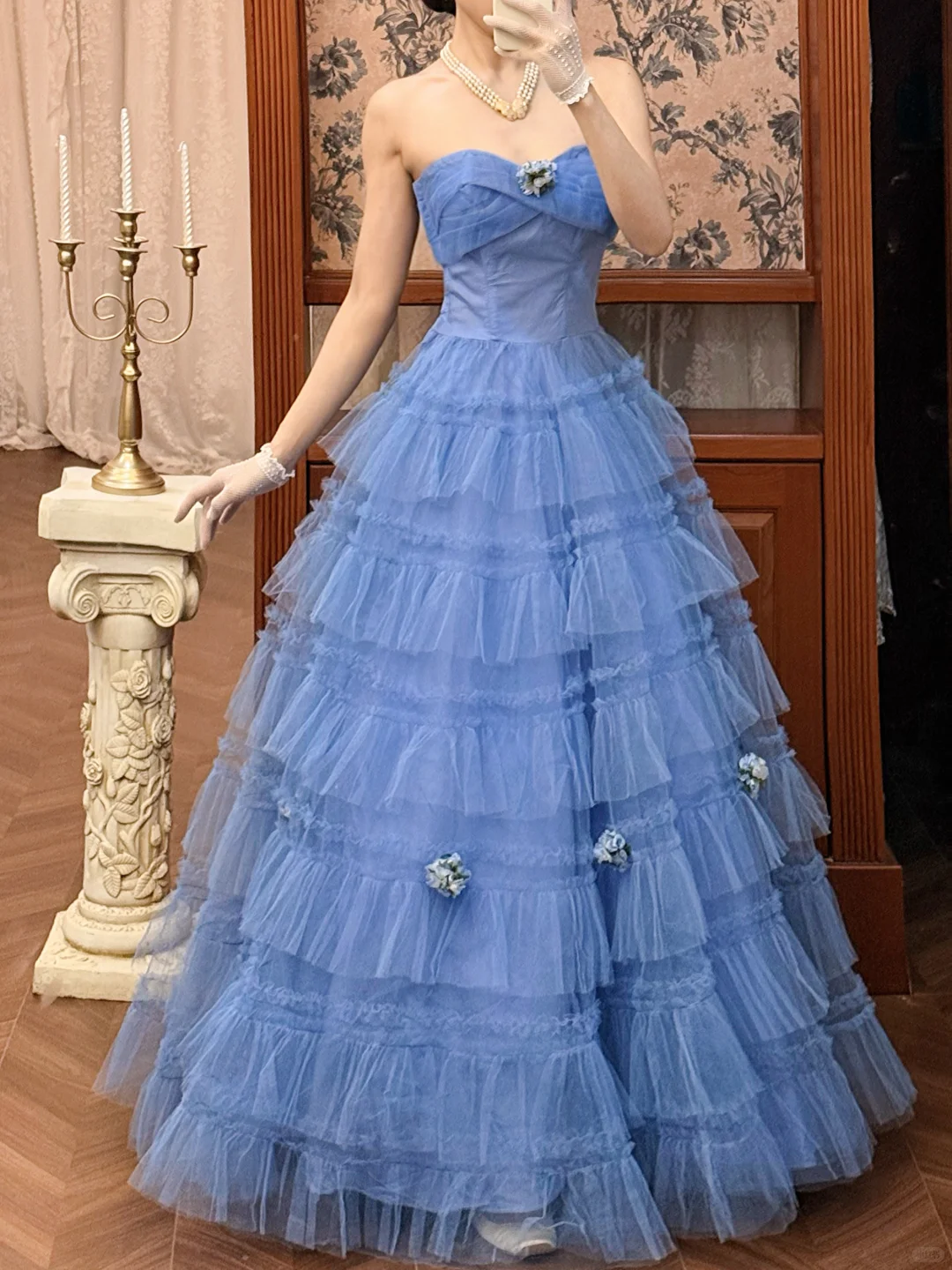 Vintage Blue A Line Strapless Layered Tulle Long Prom Dress Evening Dress SH5655