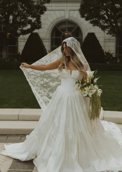 Stunning A Line Strapless White Pleated Satin Long Wedding Dress SH6193