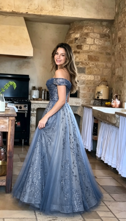 Stunning Blue Tulle Off Shoulder A Line Long Prom Dress, Evening Dress With Sleeve KS7424