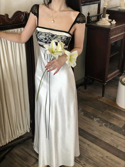 Vintage A Line Classic Lace Satin Long Prom Dress Date Dress SH5559