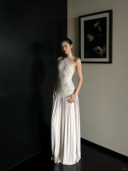 Stunning A Line Halter Lace Satin Open Back Prom Dress Evening Dress Formal Gown SH3926