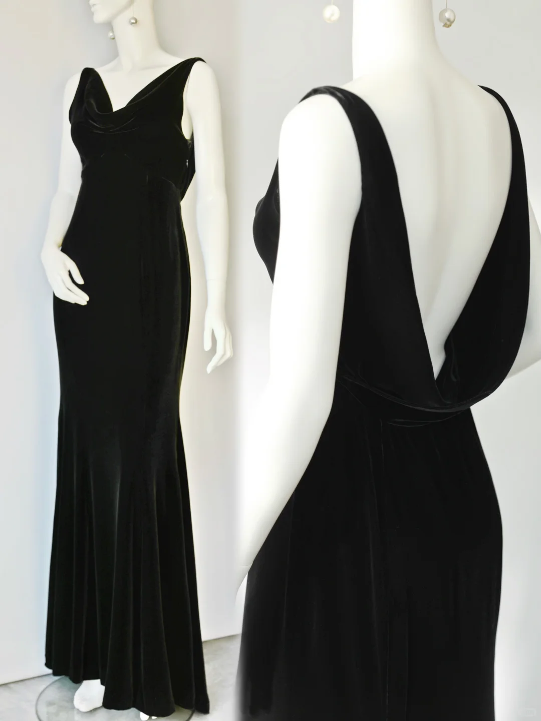 Vintage Classic Black Mermaid Straps Velvet Open Back Prom Dress Evening Dress SH5130