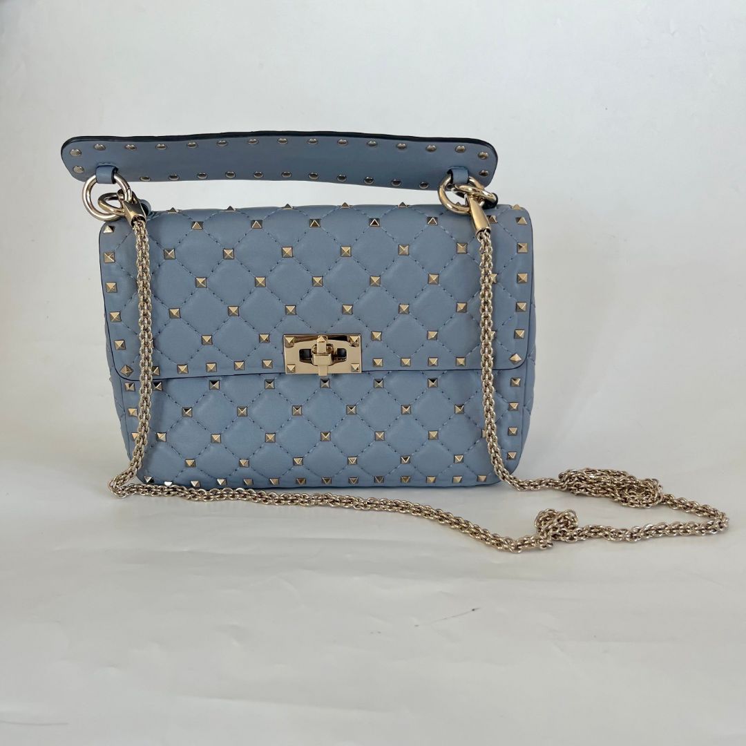 Valentino Blue Quilted Leather Medium Rockstud Spike Chain Bag