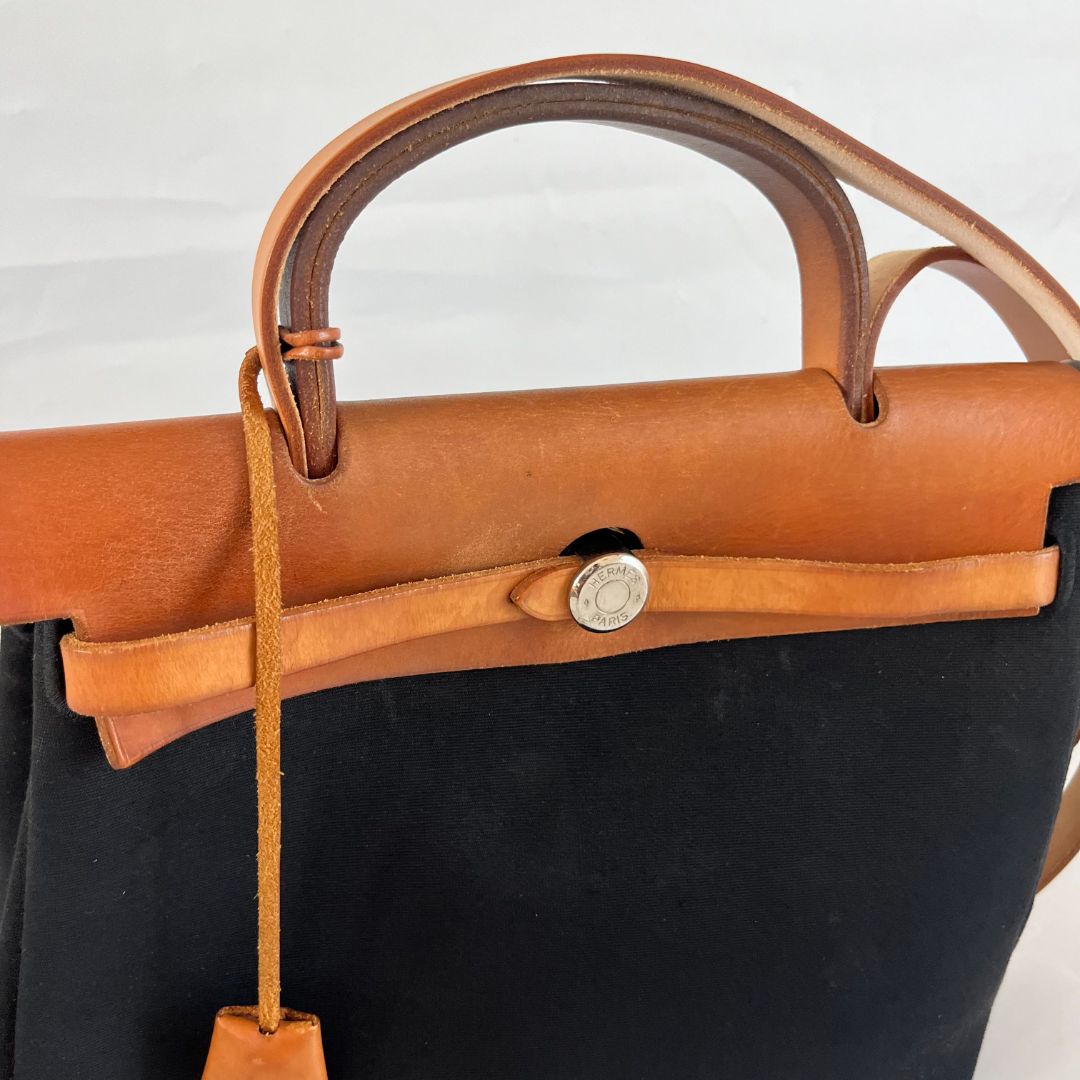 Hermès Natural Vache Hunter and Black Toile Herbag Zip 31 Palladium Hardware