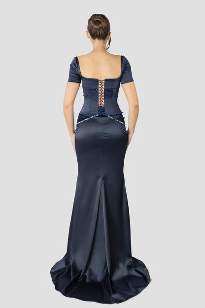 Vintage Dark Blue Mermaid Design Valentine Couture Satin Short-sleeved Prom Dress Evening Dress D1700