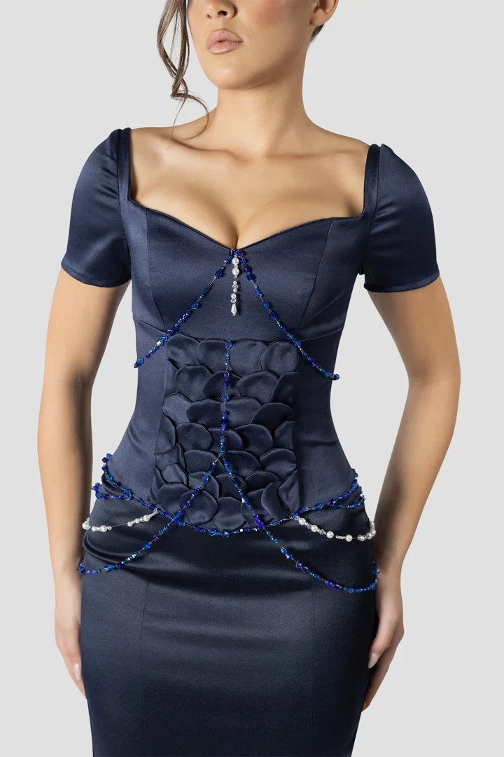 Vintage Dark Blue Mermaid Design Valentine Couture Satin Short-sleeved Prom Dress Evening Dress D1700