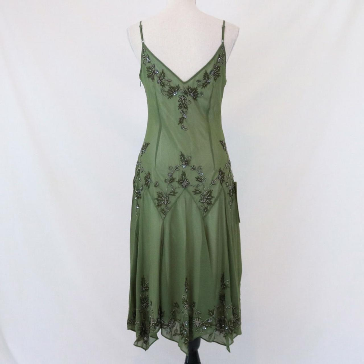 Vintage Green Spaghetti Straps Beaded Chiffon Tea Length Prom Dress SH1017