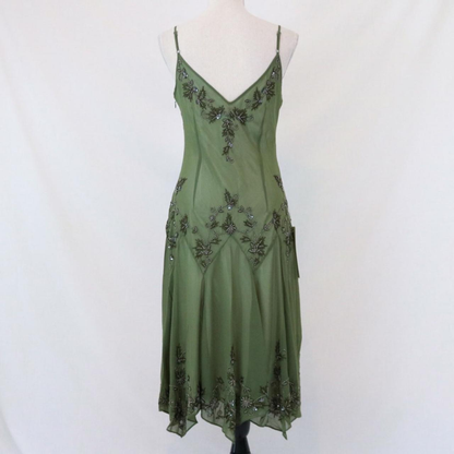 Vintage Green Spaghetti Straps Beaded Chiffon Tea Length Prom Dress SH1017