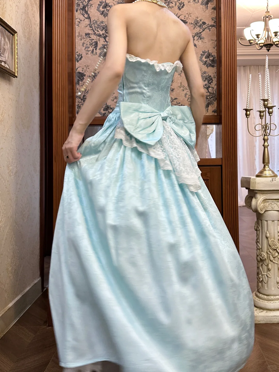 Vintage Blue A Line Straps Print Floral Satin Long Prom Dress with Bow SH5175