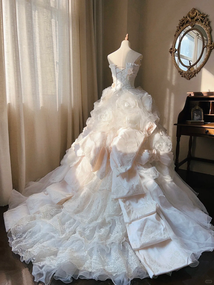 Stunning Retro Ball Gown Strapless Light Pink Rose Layered Organza Wedding Dress Prom Dress SH5890
