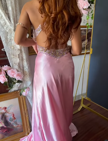 Stunning Pink A Line Halter Beaded Satin Backless Long Prom Dress Graduation Prom Dress SH5487
